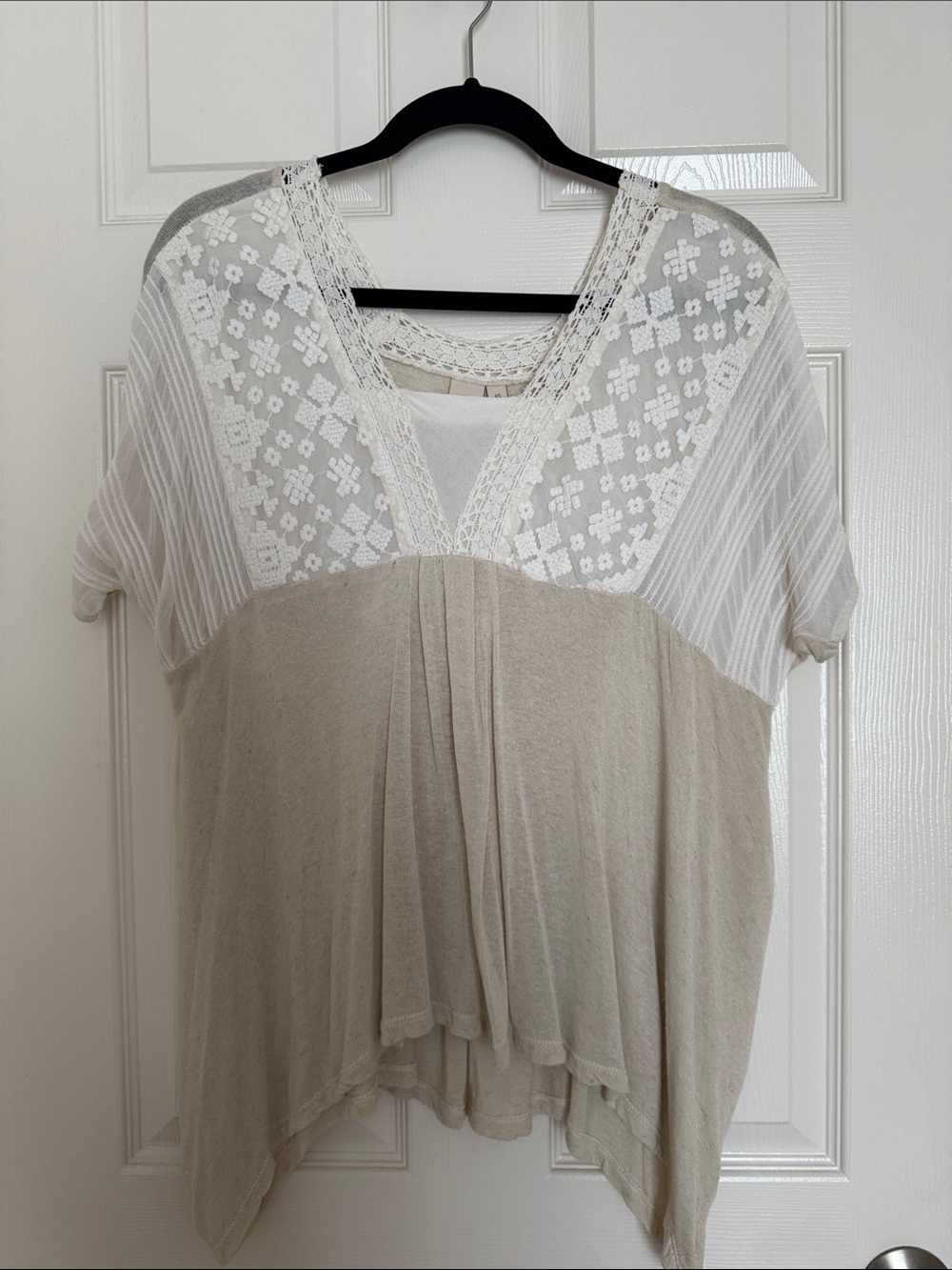 Anthropologie Cream Lace Yoke Dolman Top